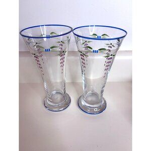 Barware 2 Hand-Painted Beer Glasses Pilsner Style Blue Trim Magnor Norway Floral